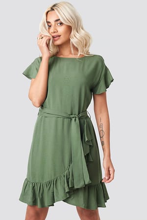 Khaki Ruffle Wrap Mini Dress