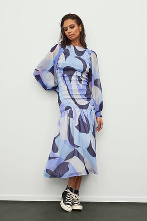 Blue/Print Smocked Balloon Sleeve Dress
