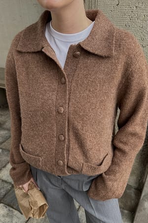 Taupe Knitted Wool Blend Cardigan