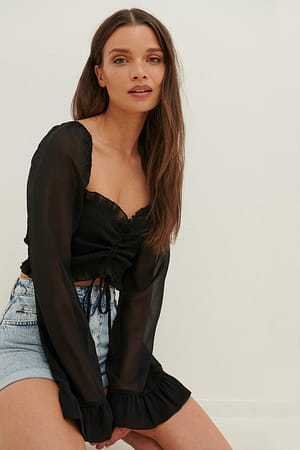 Black Gesmokte Blouse Met Lange Mouwen
