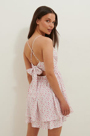 Pink Flower Print Miniklänning Med Knytning Bak