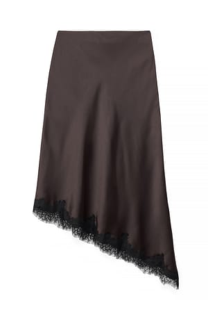 Brown Asymmetric Satin Lace Midi Skirt
