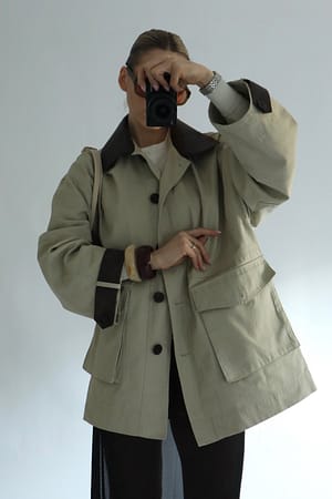 Beige Contrast Collar Drawstring Jacket