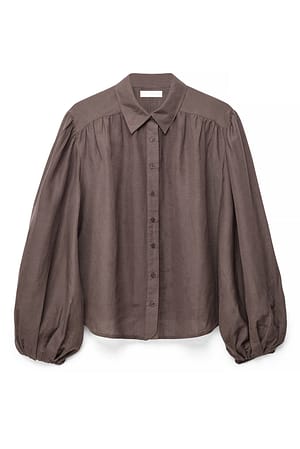 Dark Brown Balloon Sleeve Linen Blend Shirt