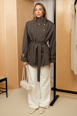 Dark Brown Big Shoulder Pads Short Trenchcoat