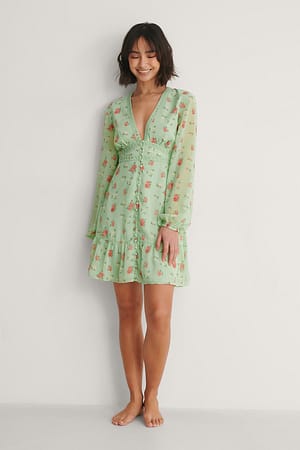 Green Flower Chiffonkleid Mit Knopfdetail