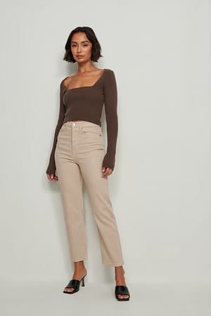 Beige High Waist Straight Ankle Denim