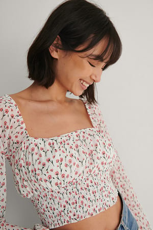 Red Flower Ruched Chiffon Top