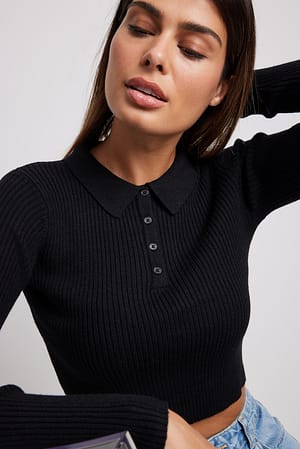 Black Button Detail Knitted Cropped Top