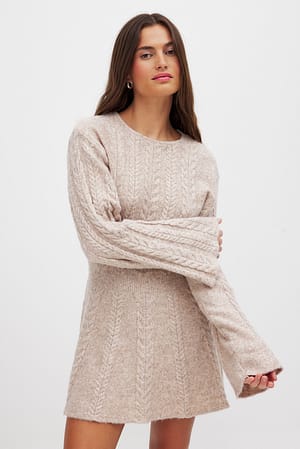 Beige Cable Knitted Boat Neck Mini Dress