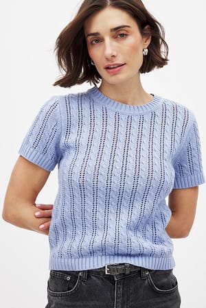 Light Blue Cable Knitted Short Sleeve Top