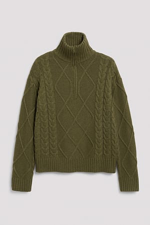 Burnt Olive Kabelgebreide trui met ritsdetail