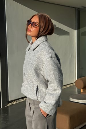 Grey Melange Bouclé-Jacke mit Reißverschluss