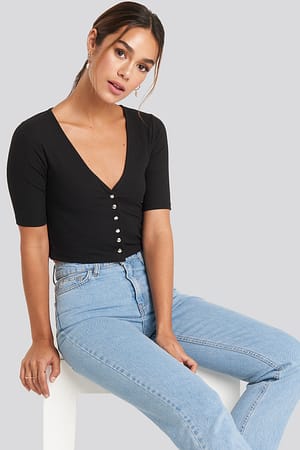Black V-neck Cropped Jersey Top