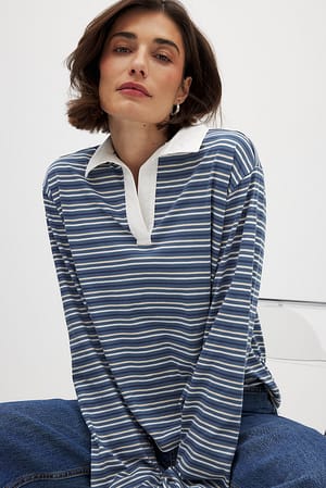 Indigo/Ecru Stripe Langarm-Poloshirt