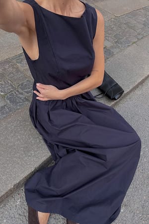 Navy Cotton Boat Neck Midi Dress