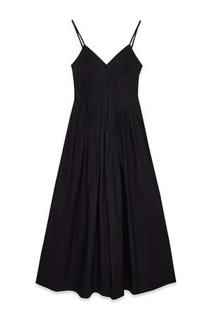 Black Cotton Pintuck Midi Dress