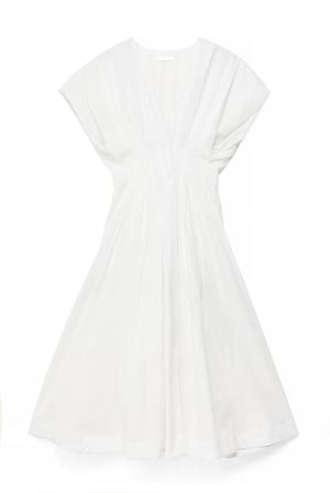 White Cotton Pleated Short Sleeve Midi Dress