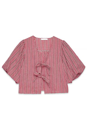 Red/White Baumwollbluse mit Schnürung vorne und V-Ausschnitt