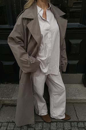 Beige Stripe Vidde bomuldspantal med elastik i taljen