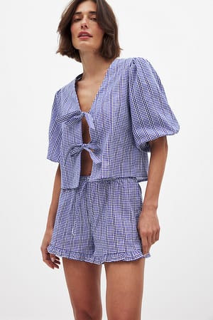 Blue/White Cotton Wide Mid Waist Shorts