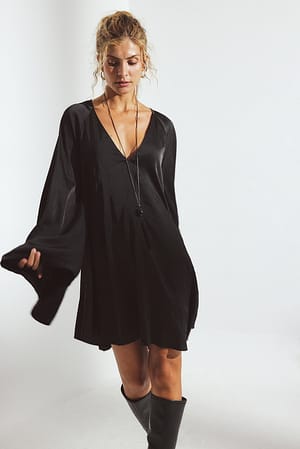Black Crinkle Satin Open Back Mini Dress
