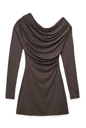 Brown Draped Long Sleeve Mini Dress