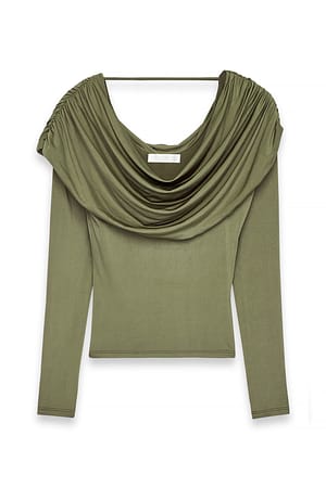 Olive Green Gedrapeerde top met lange mouwen