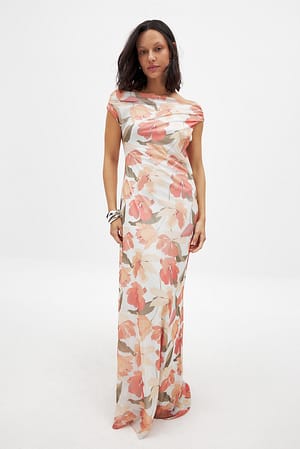 Orange Floral Draped Maxi Mesh Dress