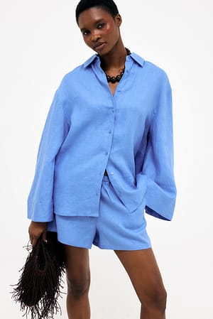 Blue Drawstring Linen Shorts