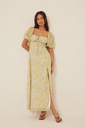 White/Yellow Flower Drawstring Chest Maxi Dress
