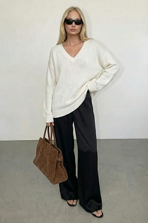 Black Elastic Waist Mid Rise Satin Pants