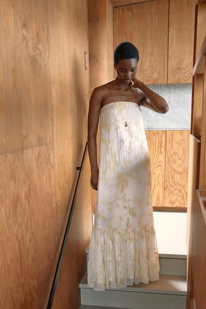 Light Yellow/Cream Embroidered Chiffon Bandeau Maxi Dress