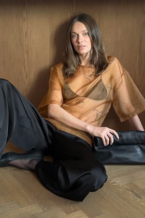 Caramel Embroidered Organza T Shirt