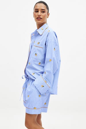 Blue Stripe Embroidery Detail Loose Shorts