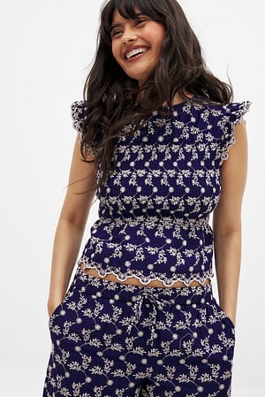 Navy Gesmokte top met borduursel