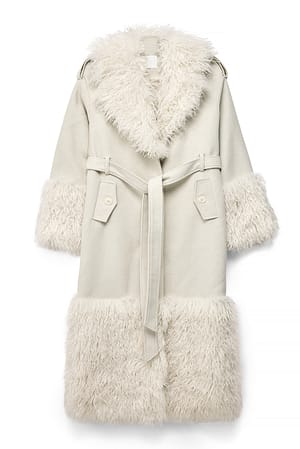 Offwhite Abrigo de mezcla de lana con pelo sintético