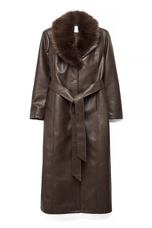 Dark Brown Frakke i PU med krave i faux pels