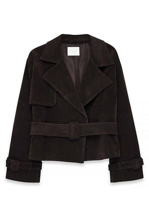 Dark Brown kurzer Trenchcoat aus Kunst-Wildleder