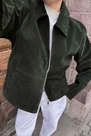 Dark Green Faux Suede Zip Jacket