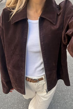 Dark Brown Faux Suede Zip Jacket