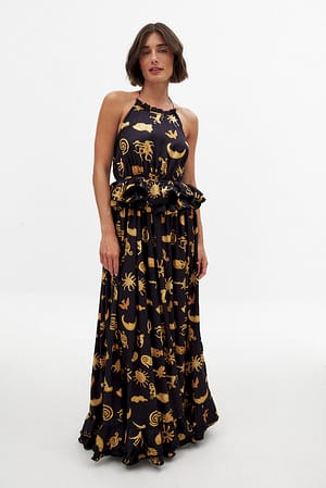 Print Flounce Waist Halterneck Maxi Dress