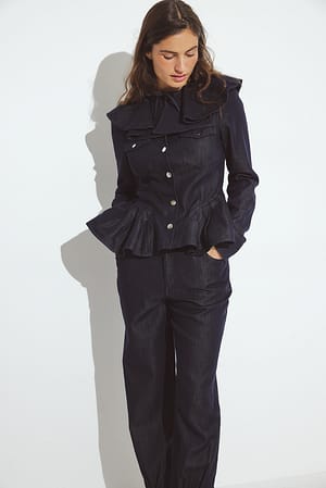 Dark Blue Blusa vaquera con volantes en el cuello