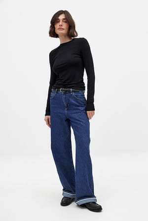 Mid Blue Løstsiddende denim med opslag