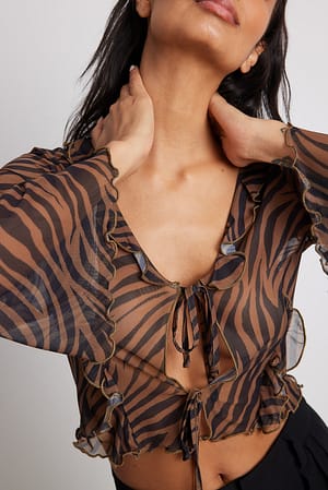 Brown Zebra Print Frill Tie Detail Mesh Cardigan