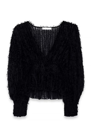 Black Recycled LS blus med fransar och smock