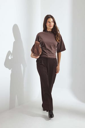 Brown Funnel Neck Shaped Cotton T-shirt