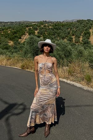 Stone Gathered Chest Straps Detail Maxi Dress