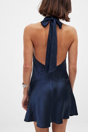 Navy Hammered Satin Tie Back Mini Dress