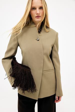 Khaki Green Blazer med høyt krage og enkelt knepping